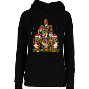 Basset Hound Christmas Tree Family Santa Hat Holiday Costume Womens Funnel Neck Pullover Hood