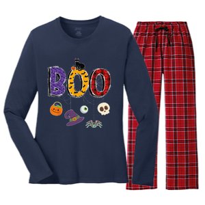 Boo Halloween Costume Groovy Spooky Boo Crew Gift Women's Long Sleeve Flannel Pajama Set 