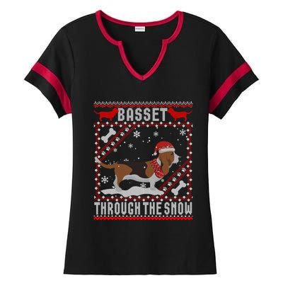 Basset Hound Dog Through The Snow Ugly Sweater Funny Gift Meaningful Gift Ladies Halftime Notch Neck Tee