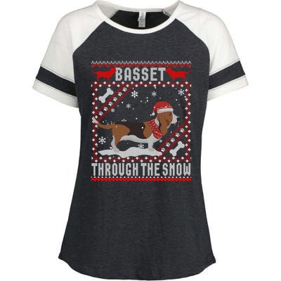 Basset Hound Dog Through The Snow Ugly Sweater Funny Gift Meaningful Gift Enza Ladies Jersey Colorblock Tee