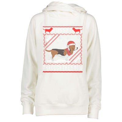 Basset Hound Dog Through The Snow Ugly Sweater Funny Gift Meaningful Gift Womens Funnel Neck Pullover Hood