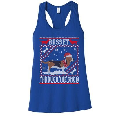 Basset Hound Dog Through The Snow Ugly Sweater Funny Gift Meaningful Gift Women's Racerback Tank