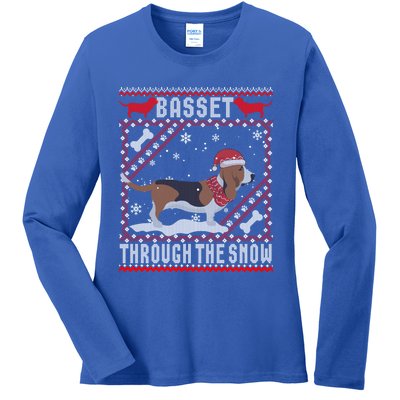 Basset Hound Dog Through The Snow Ugly Sweater Funny Gift Meaningful Gift Ladies Long Sleeve Shirt