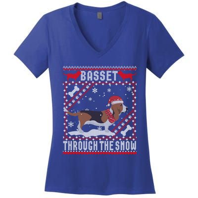 Basset Hound Dog Through The Snow Ugly Sweater Funny Gift Meaningful Gift Women's V-Neck T-Shirt