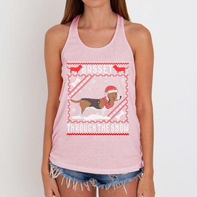 Basset Hound Dog Through The Snow Ugly Sweater Funny Gift Meaningful Gift Women's Knotted Racerback Tank