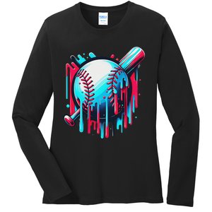 Baseball Homeplate Drip Ice Cream Sprinkles Dripping Candy Ladies Long Sleeve Shirt