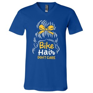 Bike Hair Don't Care Funny Motorcycle Biker Life Messy Plait Gift V-Neck T-Shirt