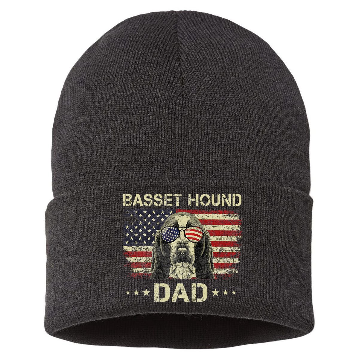 Basset Hound Dad Dog Lovers American Flag 4th Of July Sustainable Knit Beanie