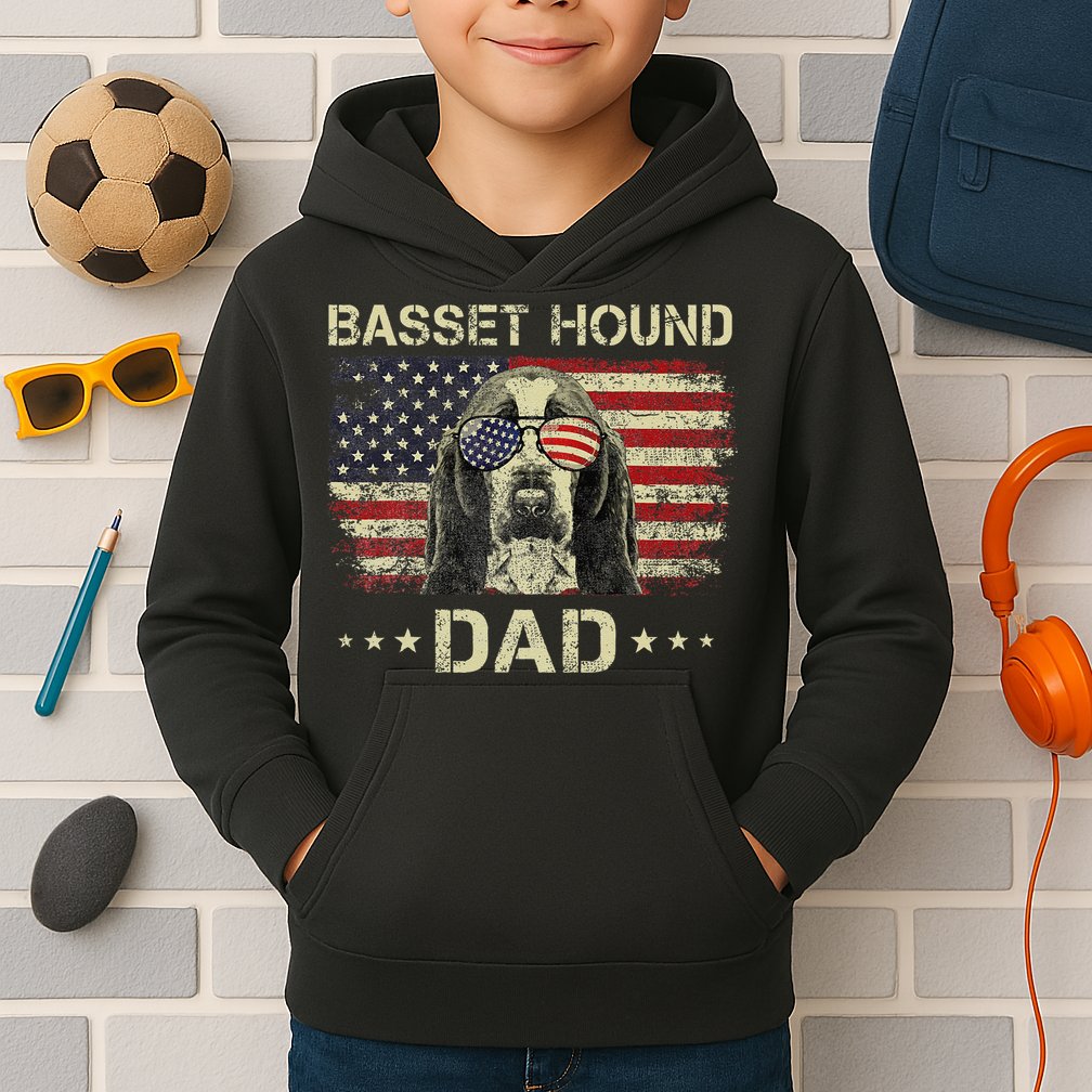 Basset Hound Dad Dog Lovers American Flag 4th Of July Kids Hoodie