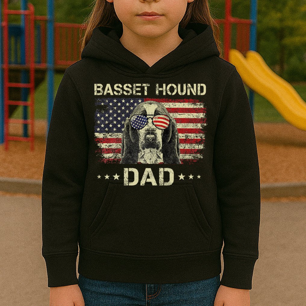 Basset Hound Dad Dog Lovers American Flag 4th Of July Kids Hoodie