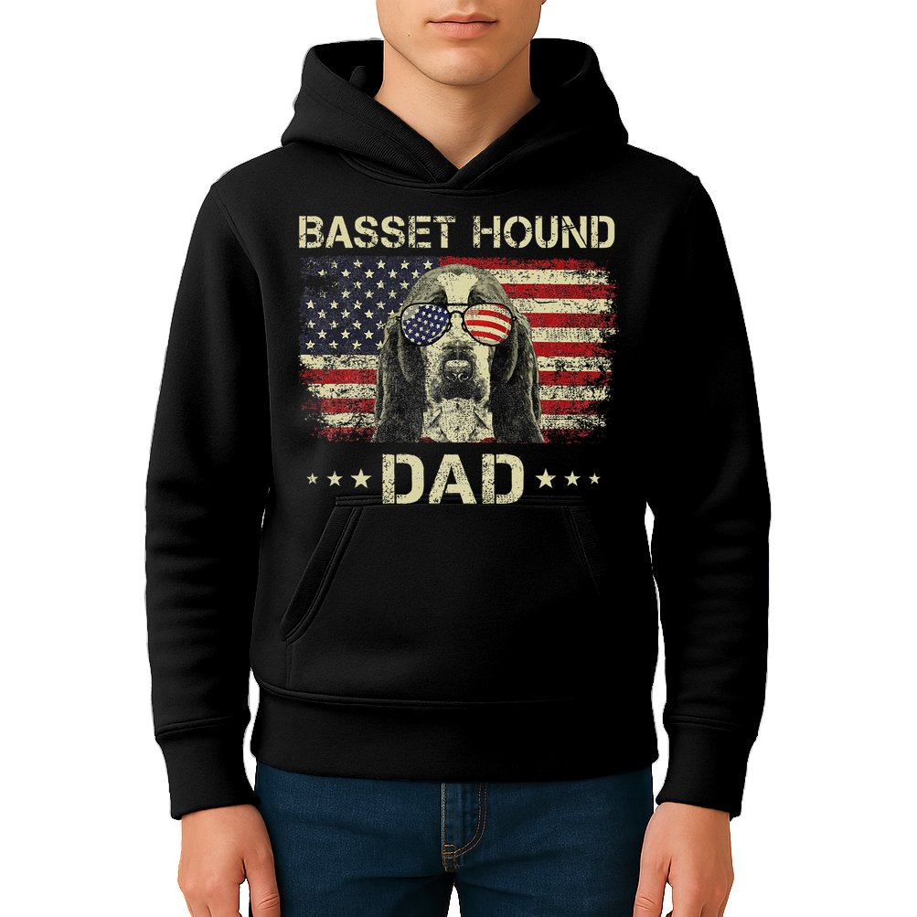 Basset Hound Dad Dog Lovers American Flag 4th Of July Kids Hoodie