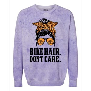 Bike Hair Don't Care Leopard Motorcycle Messy Bun Biker Life Cool Gift Colorblast Crewneck Sweatshirt