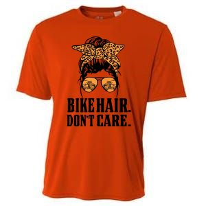 Bike Hair Don't Care Leopard Motorcycle Messy Bun Biker Life Cool Gift Cooling Performance Crew T-Shirt