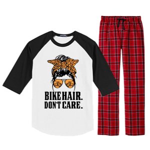 Bike Hair Don't Care Leopard Motorcycle Messy Bun Biker Life Cool Gift Raglan Sleeve Pajama Set