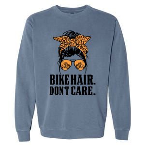 Bike Hair Don't Care Leopard Motorcycle Messy Bun Biker Life Cool Gift Garment-Dyed Sweatshirt