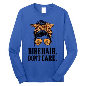 Bike Hair Don't Care Leopard Motorcycle Messy Bun Biker Life Cool Gift Long Sleeve Shirt