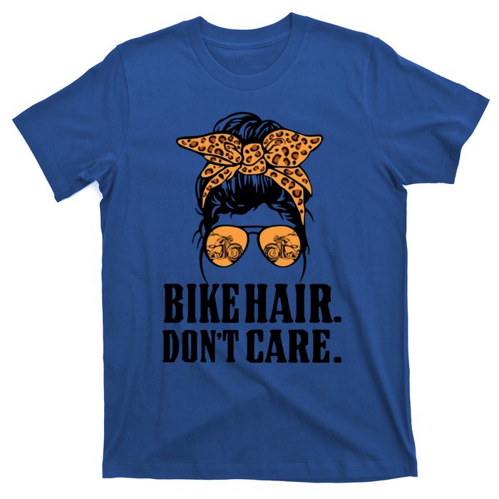 Bike Hair Don't Care Leopard Motorcycle Messy Bun Biker Life Cool Gift T-Shirt