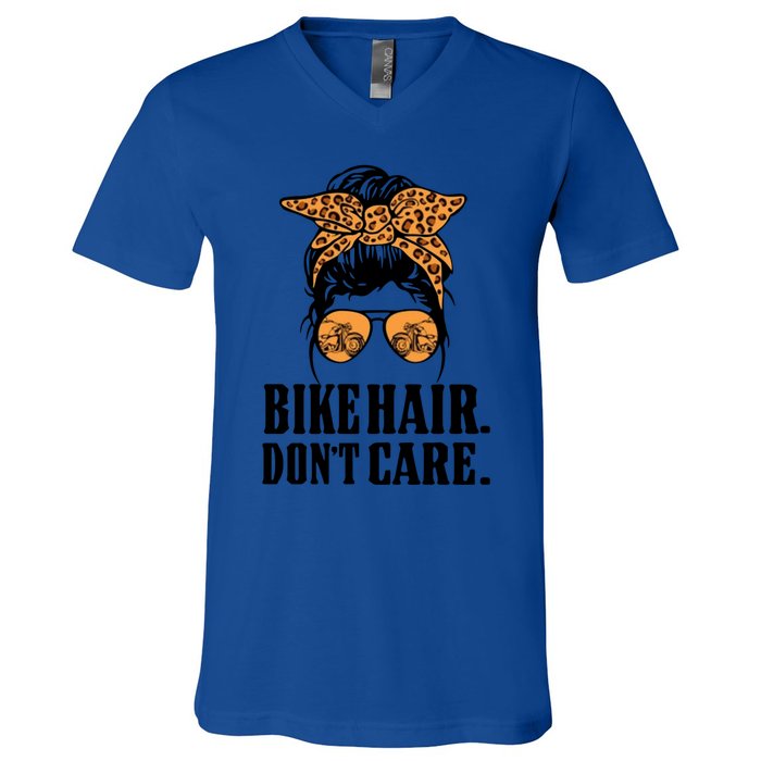 Bike Hair Don't Care Leopard Motorcycle Messy Bun Biker Life Cool Gift V-Neck T-Shirt