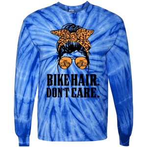 Bike Hair Don't Care Leopard Motorcycle Messy Bun Biker Life Cool Gift Tie-Dye Long Sleeve Shirt