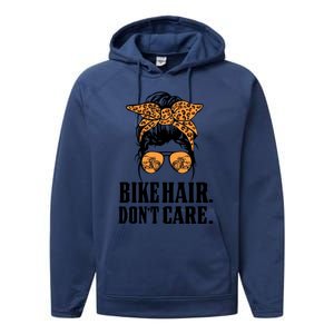 Bike Hair Don't Care Leopard Motorcycle Messy Bun Biker Life Cool Gift Performance Fleece Hoodie