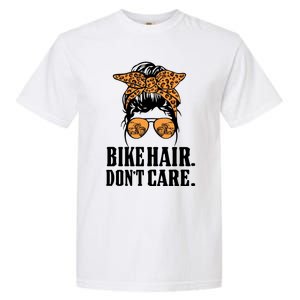 Bike Hair Don't Care Leopard Motorcycle Messy Bun Biker Life Cool Gift Garment-Dyed Heavyweight T-Shirt