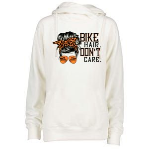 Bike Hair Don't Care Messy Bun Biker Messy Bun Mom Gift Womens Funnel Neck Pullover Hood