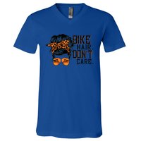 Bike Hair Don't Care Messy Bun Biker Messy Bun Mom Gift V-Neck T-Shirt