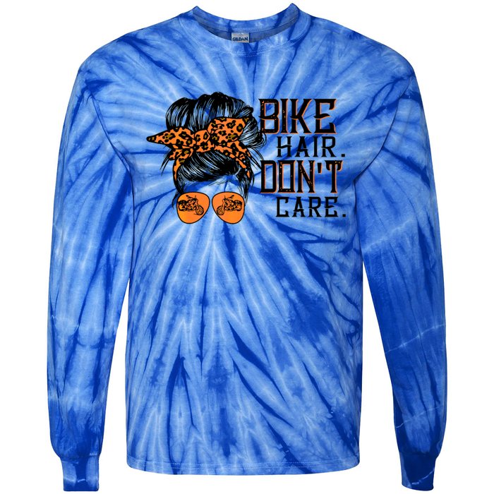 Bike Hair Don't Care Messy Bun Biker Messy Bun Mom Gift Tie-Dye Long Sleeve Shirt