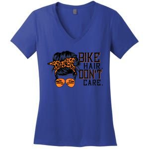 Bike Hair Don't Care Messy Bun Biker Messy Bun Mom Gift Women's V-Neck T-Shirt