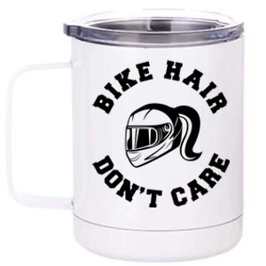 Bike Hair Don't Care Messy Bun Biker Mom Gift 12 oz Stainless Steel Tumbler Cup