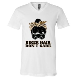 Biker Hair Don't Care For Bike Lovers Messy Bun Mothers Day Cute Gift V-Neck T-Shirt