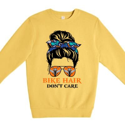 Biker Hair Don't Care For Bike Lovers Messy Bun Mother's Day Gift Premium Crewneck Sweatshirt