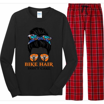 Biker Hair Don't Care For Bike Lovers Messy Bun Mother's Day Gift Long Sleeve Pajama Set