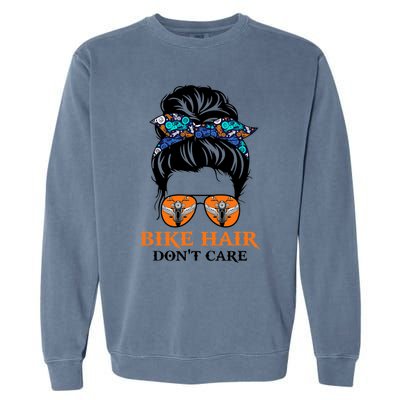 Biker Hair Don't Care For Bike Lovers Messy Bun Mother's Day Gift Garment-Dyed Sweatshirt