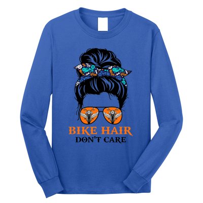 Biker Hair Don't Care For Bike Lovers Messy Bun Mother's Day Gift Long Sleeve Shirt