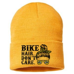 Biker Hair Don't Care For Bike Lovers Messy Bun Cool Gift Sustainable Knit Beanie