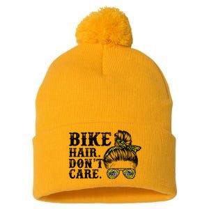 Biker Hair Don't Care For Bike Lovers Messy Bun Cool Gift Pom Pom 12in Knit Beanie