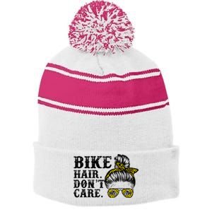 Biker Hair Don't Care For Bike Lovers Messy Bun Cool Gift Stripe Pom Pom Beanie