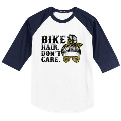 Biker Hair Don't Care For Bike Lovers Messy Bun Cool Gift Baseball Sleeve Shirt