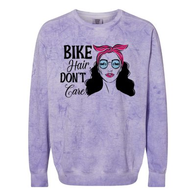 Biker Hair Don't Care Gift For Bike Lovers Messy Bun Gift Colorblast Crewneck Sweatshirt