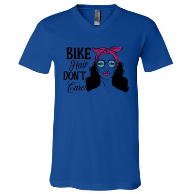 Biker Hair Don't Care Gift For Bike Lovers Messy Bun Gift V-Neck T-Shirt