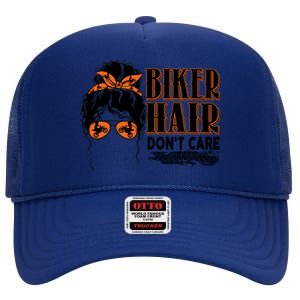 Biker Hair Don't Care Gift For Bike Lovers Messy Bun Funny Gift High Crown Mesh Back Trucker Hat