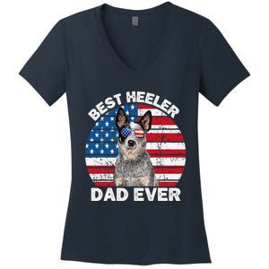 Blue Heeler Dad Usa American Flag Australian Cattle Dog Women's V-Neck T-Shirt