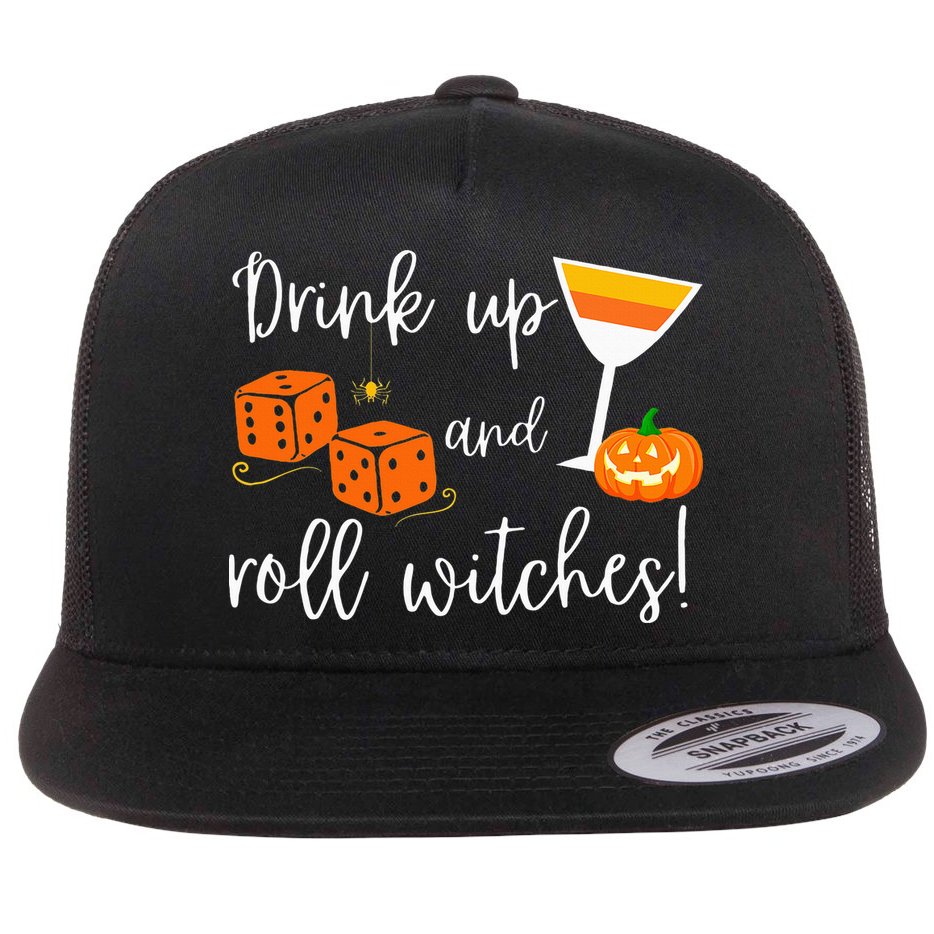 Bunco Halloween Drink Up and Roll Witches Flat Bill Trucker Hat