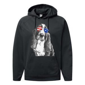 Basset Hound Dog Sunglasses Flag American 4th Of July Funny Performance Fleece Hoodie