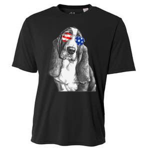 Basset Hound Dog Sunglasses Flag American 4th Of July Funny Cooling Performance Crew T-Shirt