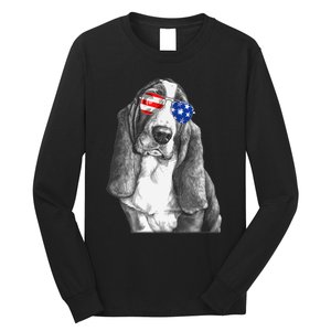 Basset Hound Dog Sunglasses Flag American 4th Of July Funny Long Sleeve Shirt