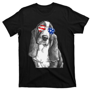 Basset Hound Dog Sunglasses Flag American 4th Of July Funny T-Shirt