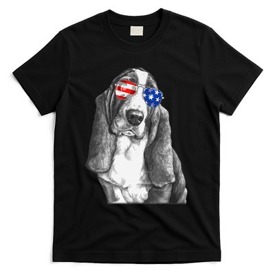Basset Hound Dog Sunglasses Flag American 4th Of July Funny T-Shirt