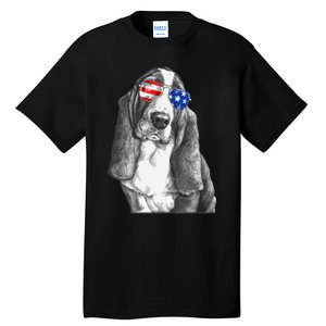 Basset Hound Dog Sunglasses Flag American 4th Of July Funny Tall T-Shirt